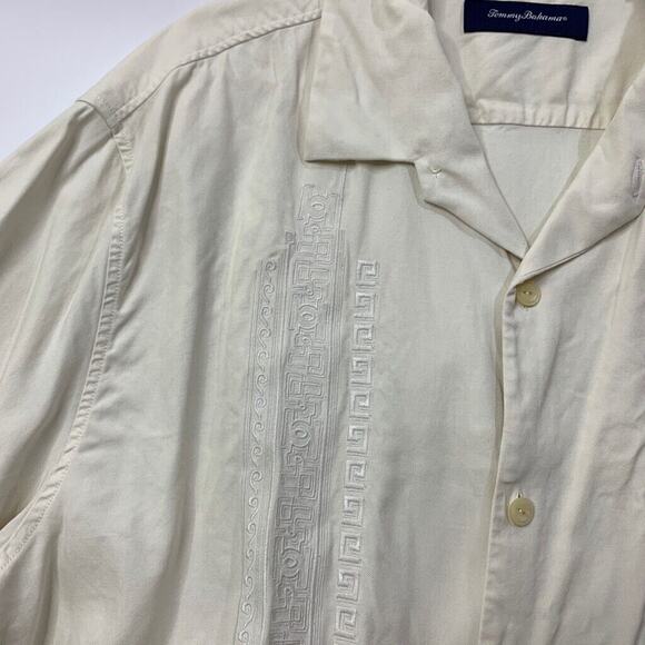 Tommy Bahama Shirt Mens XXL 2XL Cream Silk Short Sleeve Embroidered Graphic - Picture 7 of 10